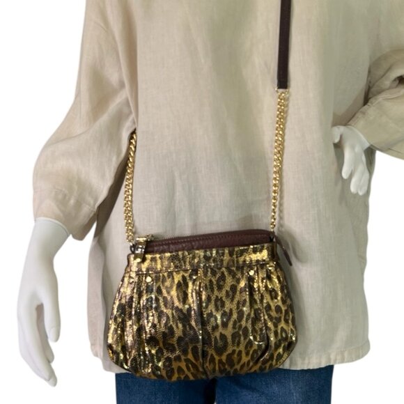 B Makowsky Leopard Print Dark Gold Brown Metallic Leather Bag Crossbody $200 - Picture 1 of 10